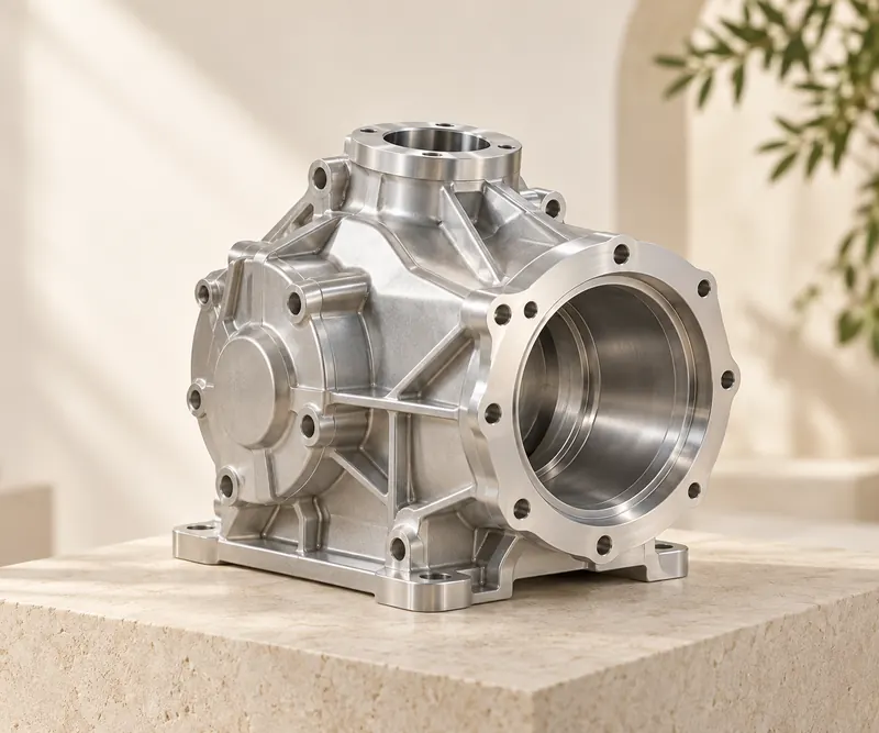Precision-machined aluminum housing on a warm stone plinth